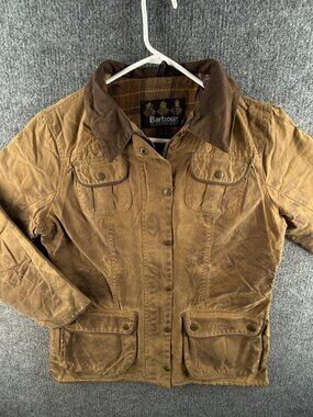 Barbour L1600 Fur Trim Utility Waxed Jacket Women Full Zip Size 10 US Brown